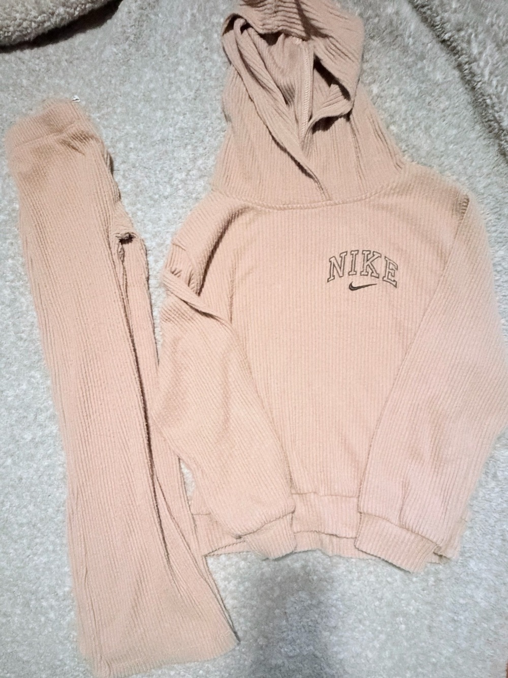 Nike Kids Ribbed Hoodie and Pants Set in Beige